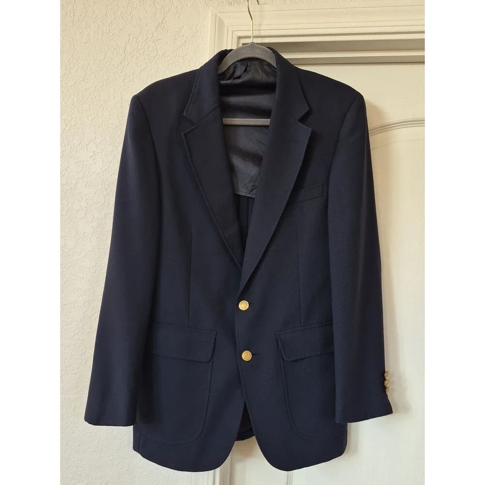Stafford Vtg. Wool Smooth Blazer with Gold Medallion Buttons Size 40 R